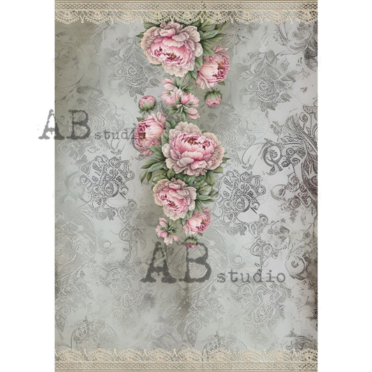 AB Studios : Gray Lace and Pink Roses Rice Paper A4