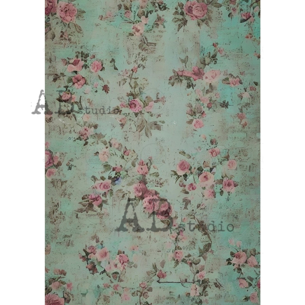 AB Studios : Pink and Green Shabby Chic Rose Wallpaper Rice Paper A4