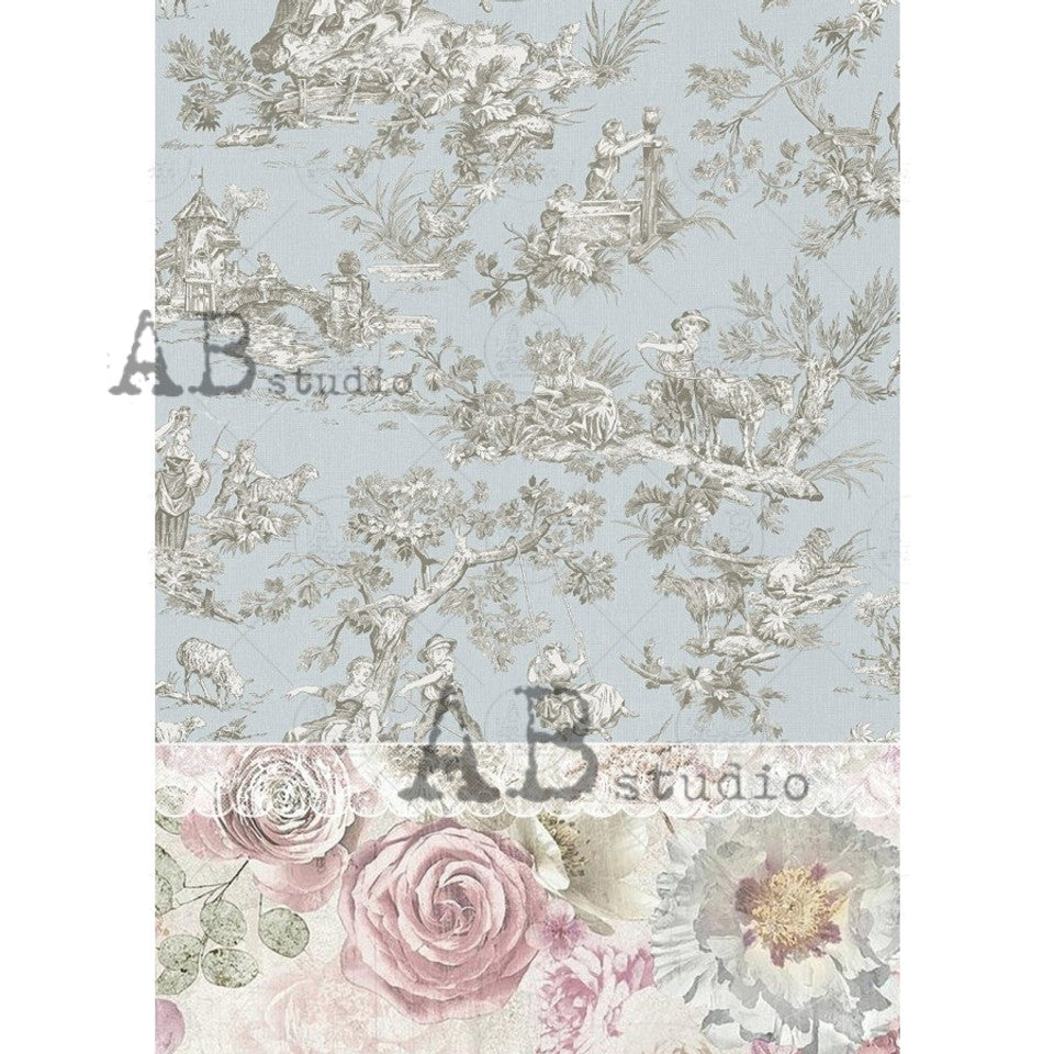 AB Studios : Light Blue Toile with Roses Rice Paper A4