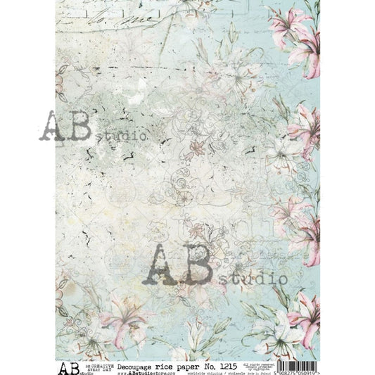 AB Studios : Aqua Distressed Floral Rice Paper A4