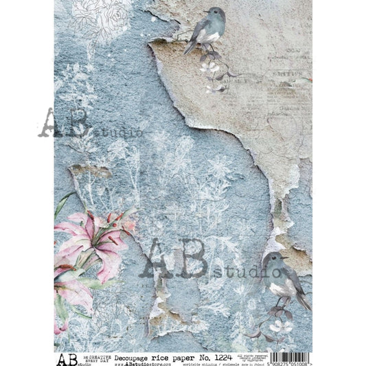 AB Studios Blue Torn Papge with Bird A4 Rice Paper