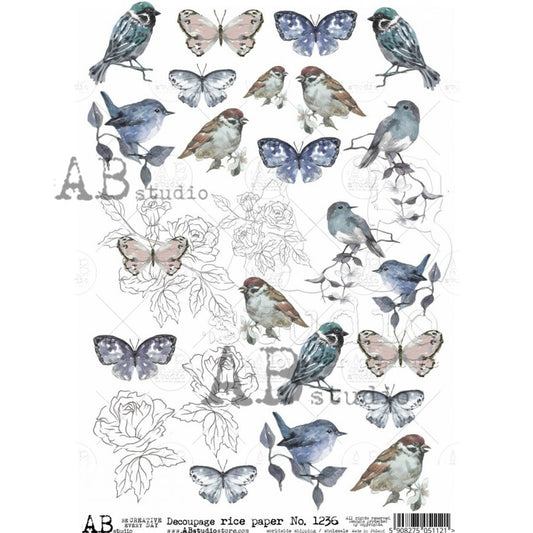 AB Studios Rice Paper A4 Birds and Butterfly Spring