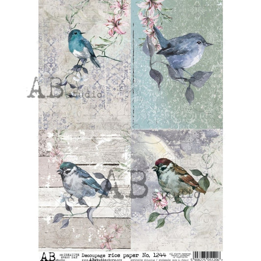 AB Studios : 4Pack Watercolor Blue Birds Rice Paper A4