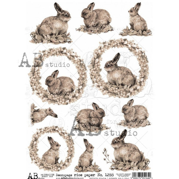 AB Studios - Sepia Bunny Rabbits A4 Rice Paper