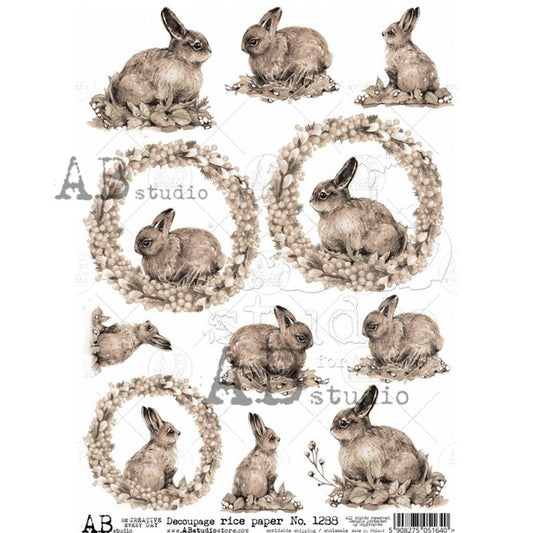 AB Studios - Sepia Bunny Rabbits A4 Rice Paper