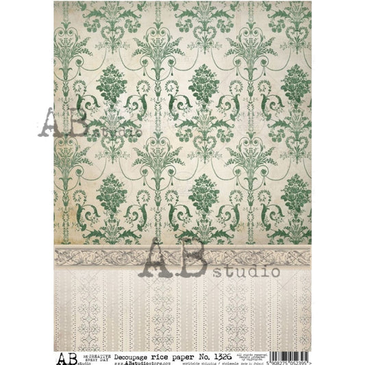 AB Studios : Green and Off White Baroque Patterned Rice Paper A4